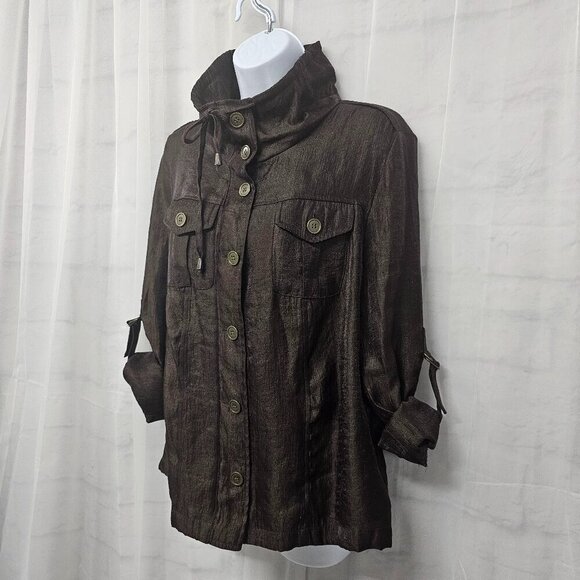 Elementz Brown Mock Neck Roll Tab Jacket Shacket Boho Minimalist PL - Picture 7 of 13